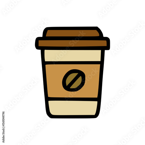 Minimalist Illustration of Hot Coffee To-Go Cup with Brown Lid and Coffee Bean Icon in Flat Design