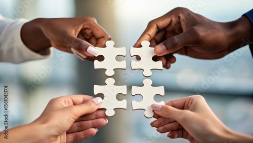Hands of diverse individuals joining puzzle pieces together, symbolizing teamwork and collaboration in a professional setting.