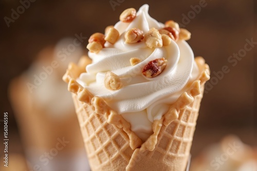 Close-up of a waffle cone filled with creamy frozen yogurt topped with nuts.