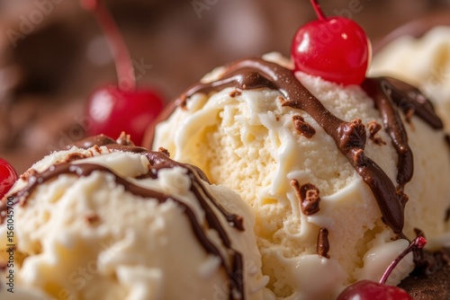 Vanilla ice cream scoops topped with chocolate sauce and maraschino cherries.
