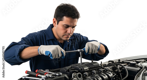Man in blue uniform repairing a car engine with tools and wearing gloves in a focused manner at work on transparent background