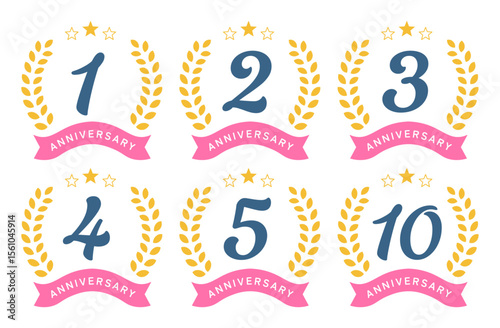  アニバーサリーロゴのセット(ベクター 周年記念 お祝い ロゴ イラスト 1周年 2周年 3周年 4周年 5周年 10周年)