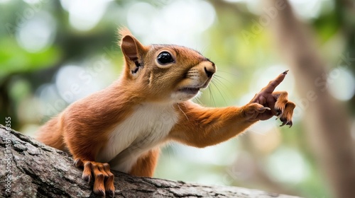A fluffy squirrel on a tree pointing up with its paw