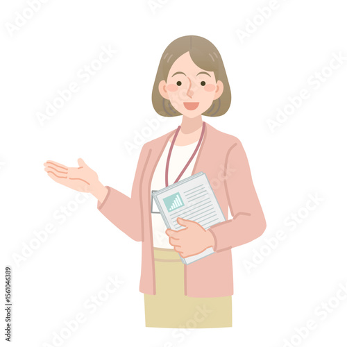 資料を持って説明をする女性社員のベクターイラスト