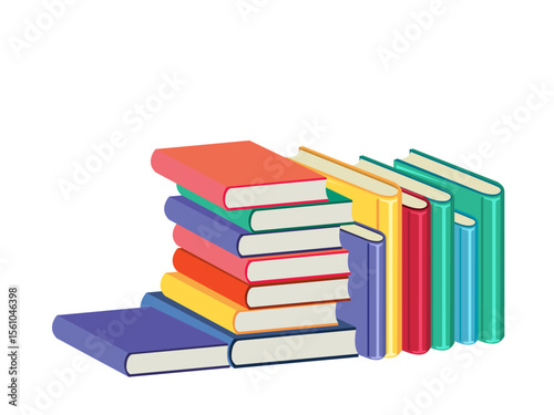 Big set with red, yellow, green, blue opened and closed textbooks, business diaries, workbooks in different positions. Cartoon reading set of hadrdrawn books.	
