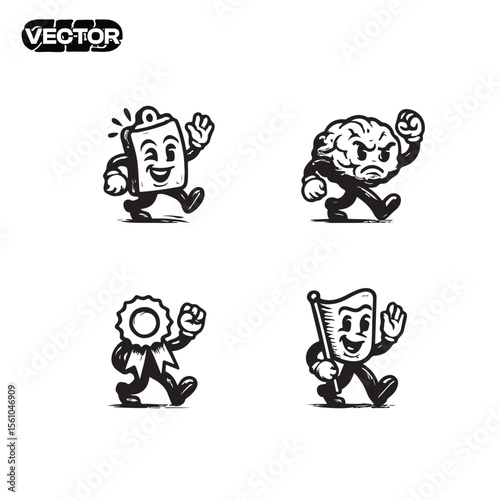 Retro Style Cartoon Characters Clipboard, Brain, Award, Flag