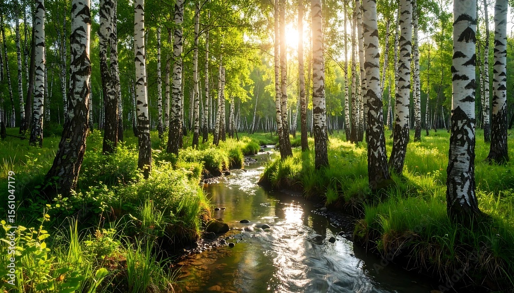 Obraz premium Serene Birch Forest Stream Sunlit Nature Landscape with Peaceful Meadow.