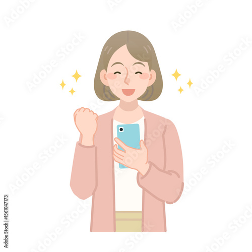 スマホ画面を見てガッツポーズをする女性