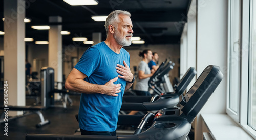 Senior man experiencing chest pain while running on treadmill in gym