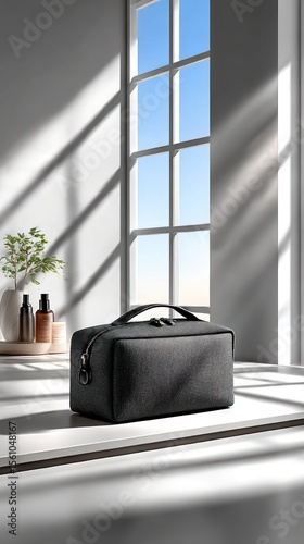 Gray cosmetic bag on white countertop near window