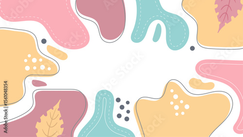 Abstract artwork with pastel shapes, leaves, and dots. Suitable for designs requiring a soft, whimsical aesthetic such as invitations or editorial content.
