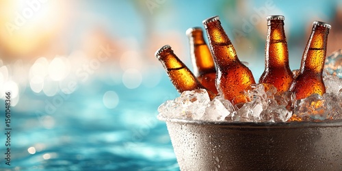 summer beverage promotion, ideal for promoting a refreshing display of cold beer bottles in an ice bucket, with condensation, set against a bright pool party scene. High quality
