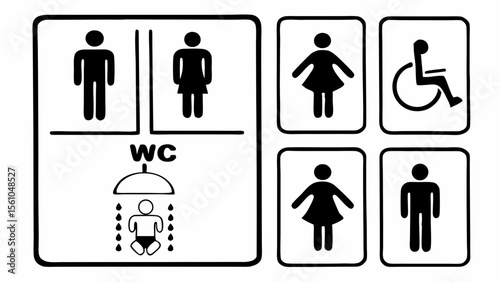 Washroom signs. Restroom or toilet door sign set containing gents, ladies, disabled, and baby changing. Printable sticker., man and woman toilet sign
