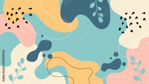 Abstract pastel design with leaves and hearts. Suitable for greeting cards, invitations, backgrounds, and social media posts.