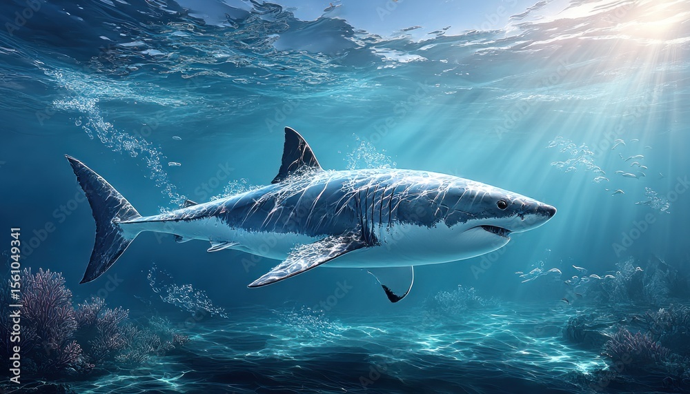 Naklejka premium Great white shark in ocean depths (1)