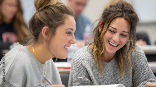 Two laughing women sharing a cheerful moment, their smiles lighting up the room, fostering a sense of connection and camaraderie. 