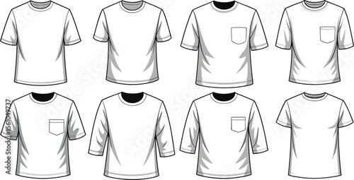Men’s t-shirt fashion CAD drawing top view with different necklines and pocket details for vector apparel design templates.