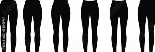 Top view vector fashion CAD drawing of six black silhouette women’s leggings for sportswear design templates and apparel sketches.