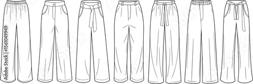 Women’s wide-leg pants fashion CAD drawing top view with pleats, waist tie, and pocket details for vector apparel templates.