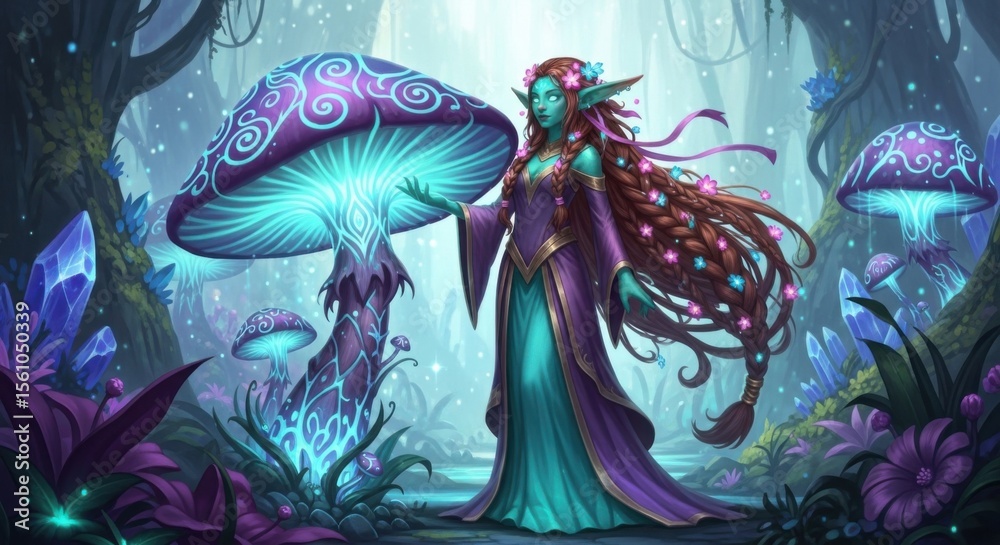 Fototapeta premium Enchanting Forest Fairy Guardian of the Luminous Mushroom Grove Under the Moonlight