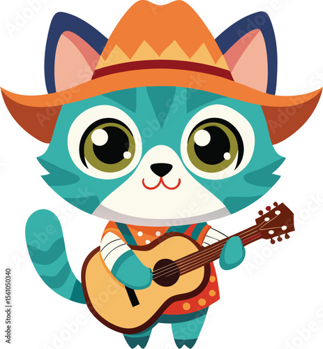 Adorable kawaii cat playing guitar in cowboy hat music
