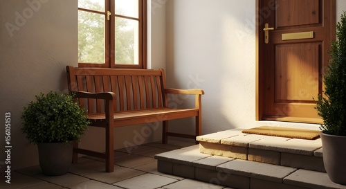 Exterior entryway scene with wooden bench potted plants and a closed door bathed in sunlight creating a welcoming atmosphere