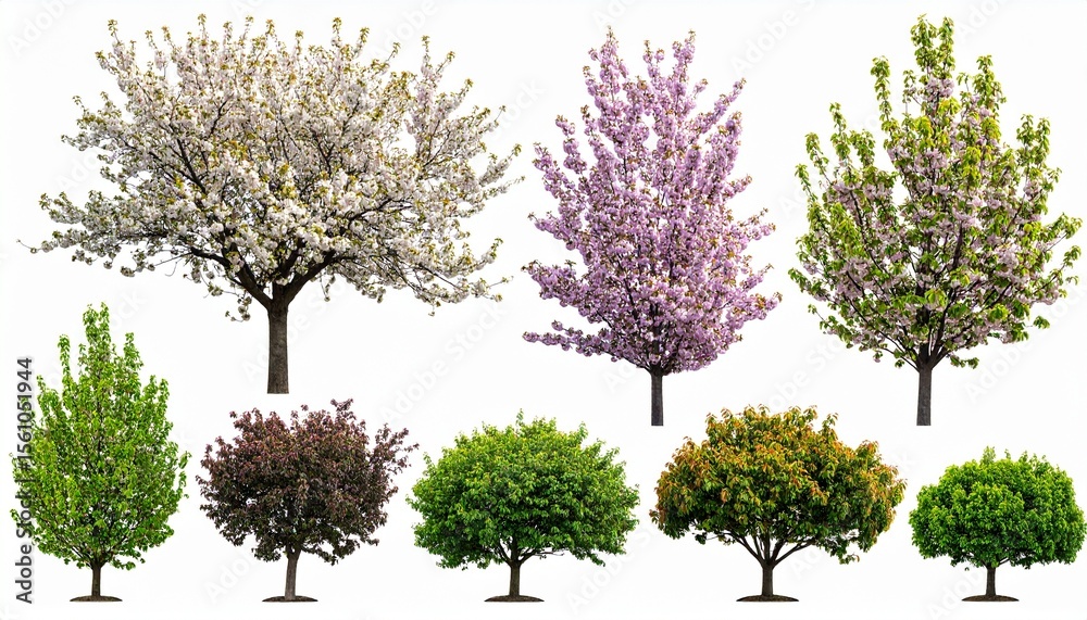 Fototapeta premium Set of Prunus persica and Prunus avium blossoming frontal street trees isolated