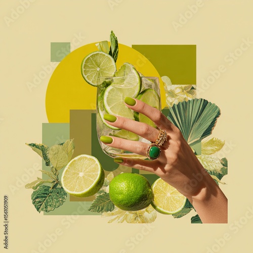 Female hand with green ring holding a cut-out refreshing lime cocktail with slices of lime on a beige and yellow background. Summer vibes. Concept of drinks, party, celebration. Art collage
