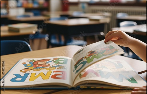 Close-up of child’s fingers opening a regular school book on wooden table, honoring education on World Book Day.