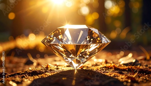 Sparkling diamond gem on forest floor with sunlight shining, luxury, and nature background.