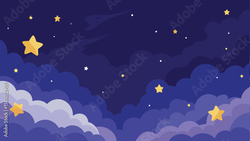 Cartoon night sky illustration with stars and fluffy clouds against a transparent background