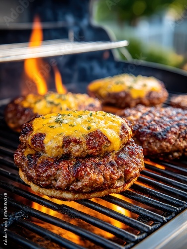 Grilled cheeseburgers on a barbecue