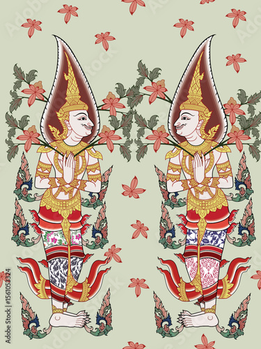 Traditional Thai art doorkeeper pattern in damask style motifs suitable for wallpaper, curtain, clothing and fabric design isolated illustration vector archive EPS file.
