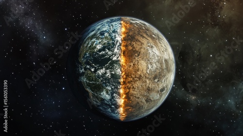 Earth split by fire, a divided planet in space