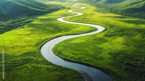 Winding River Through Lush Green Landscape