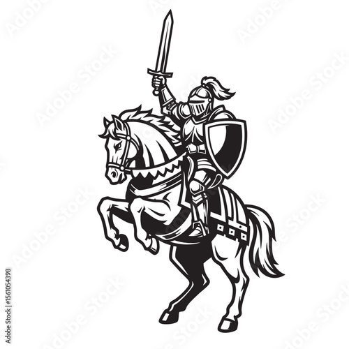 A powerful black and white vector illustration of an armored knight on a rearing horse.