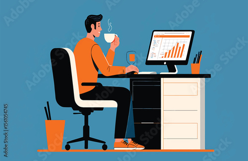 Man Working at Desk with Coffee and Computer Data