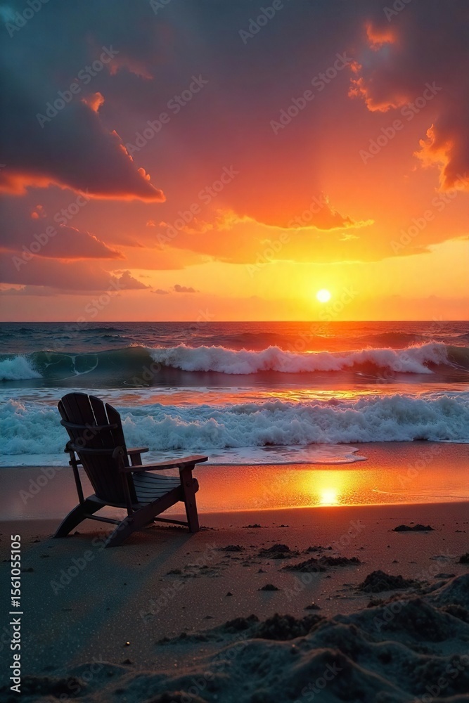 Fototapeta premium Serene Sunset Beach Scene Empty Chairs, Crashing Waves, Melancholic Atmosphere