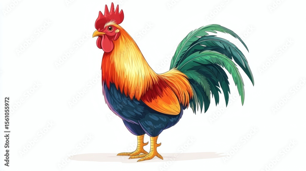 Fototapeta premium Colorful illustration of a standing rooster facing towards the left