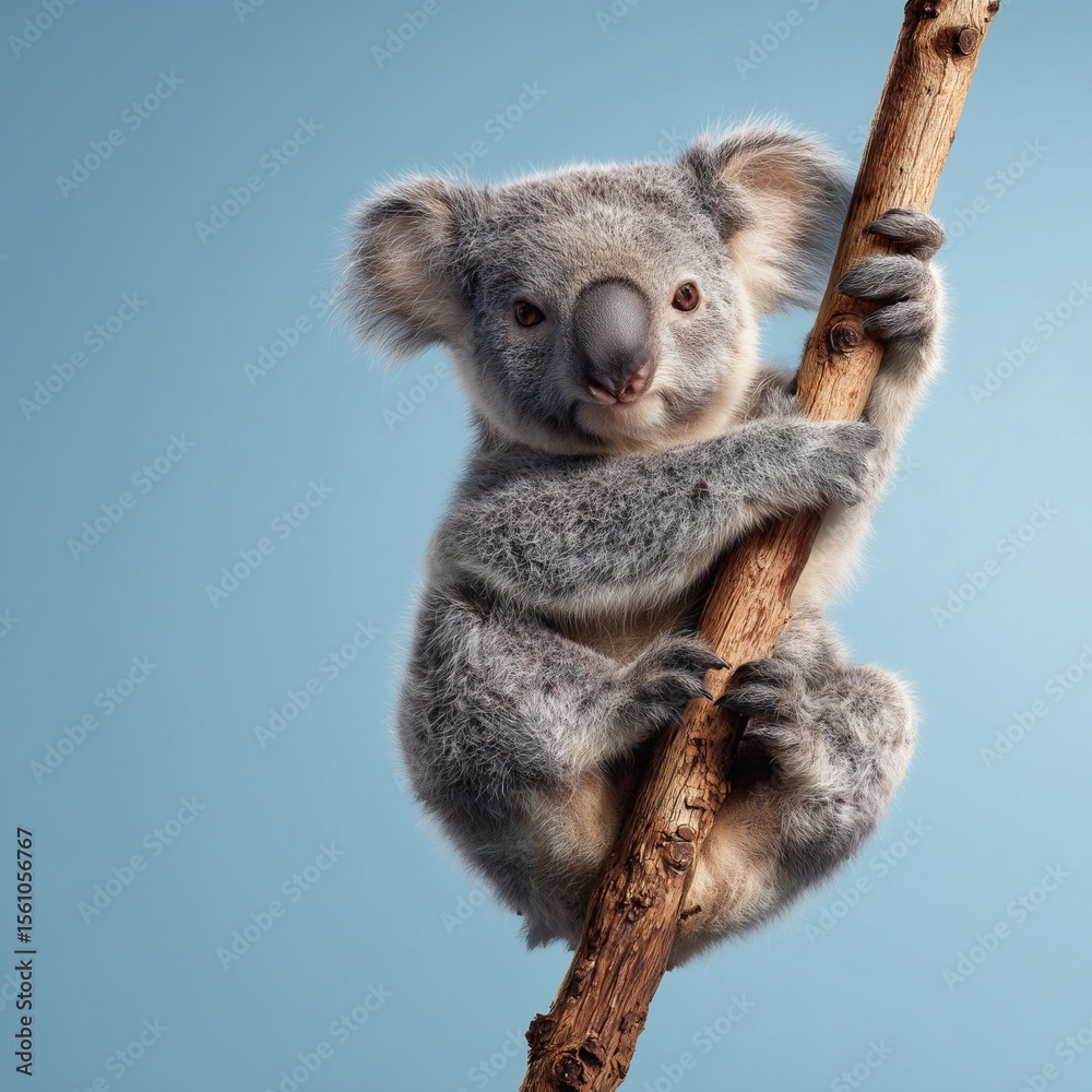 Fototapeta premium Adorable Koala on Branch: A charming koala joey clings to a tree branch against a serene blue backdrop, showcasing its endearing features and fluffy fur.