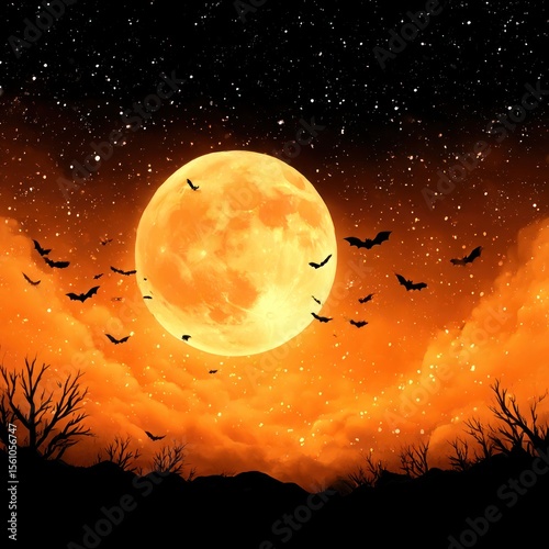 Halloween night sky with orange moon