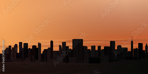 Minimalist cityscape with silhouette skyscrapers front view have sunset sky background graphic illustration have blank space.
