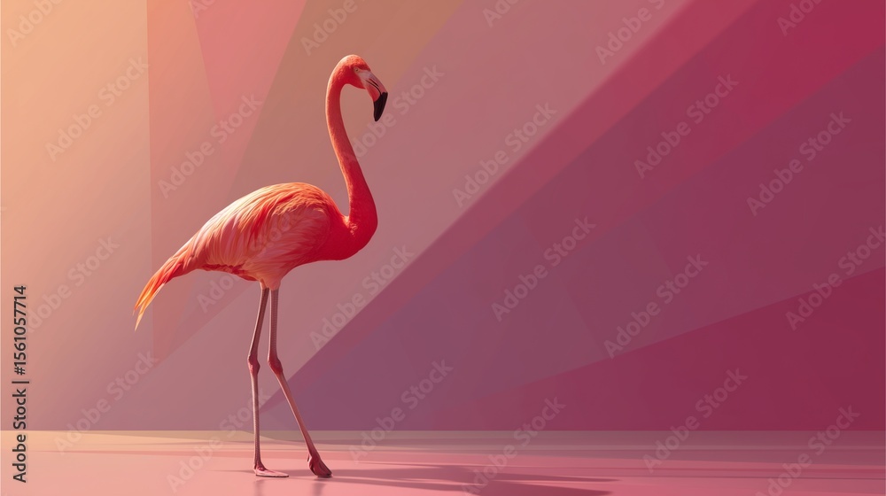 Fototapeta premium Graceful Flamingo in a Radiant Glow: An elegant flamingo, its plumage a vibrant pink, strides confidently, its long neck and legs creating a graceful pose against a backdrop of soft, warm hues.
