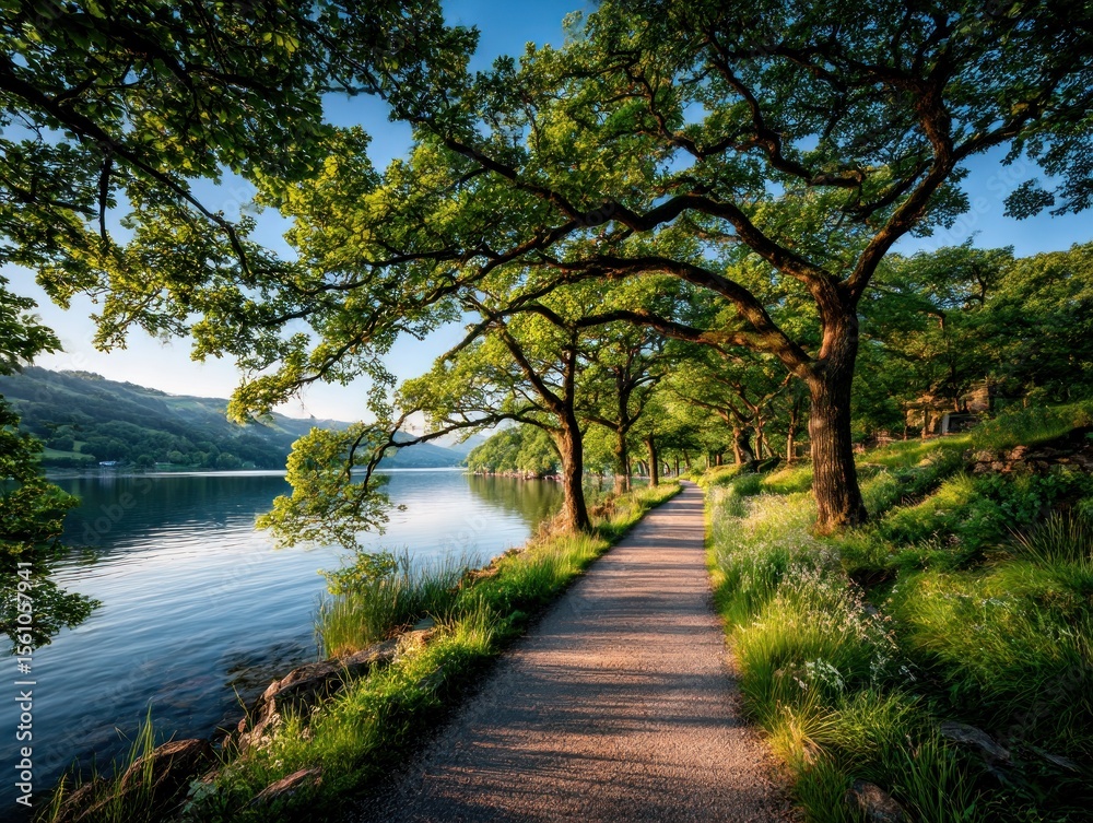 Naklejka premium Lakeside path under trees at dawn