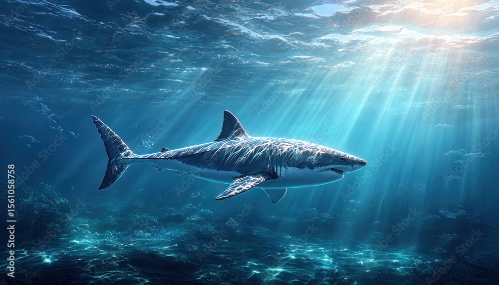 Naklejka premium Majestic great white shark in sunlit ocean depths