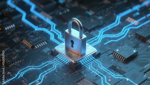 Cybersecurity Digital Lock on Circuit Board: Data Protection and Network Security Concept. High-Tech Illustration.