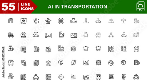 AI in Transportation Vector Icons Set – Self-Driving Car, Smart Traffic Light, Vehicle Scanner, Automated Toll, Map Prediction

