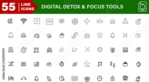 Digital Detox and Focus Tools Vector Outline Icons Set – No Phone, Focus Timer, Breathe App, Screen Time Lock, Deep Work

