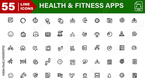 Health and Fitness Apps Vector Icons Set – Calorie Counter, Step Goal, Meal Tracker, Sleep Analysis, Health Score

