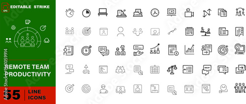 Remote Team Productivity Vector Outline Icons Set – Goal Setting, Async Work, Daily Standup, Kanban, Progress Tracking
